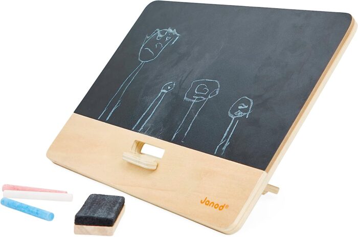 Janod - Double-Sided Portable Blackboard - Easy to Transport - Includes 3 Chalks + 1 Brush + 1 Bag - FSC Wooden Toy - 3 Years +, J09634
